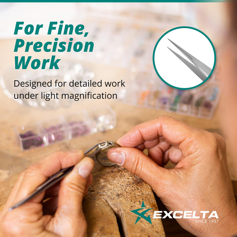Excelta 3-SA-PI Straight Very Fine Precision Pointed Tweezers, 4.75 Inch, Conductive Anti-Magnetic Stainless Steel 316L, Ideal for Magnification Work, Made in Italy, Intermediate 4.75" Tweezer, Straight Very Fine Points