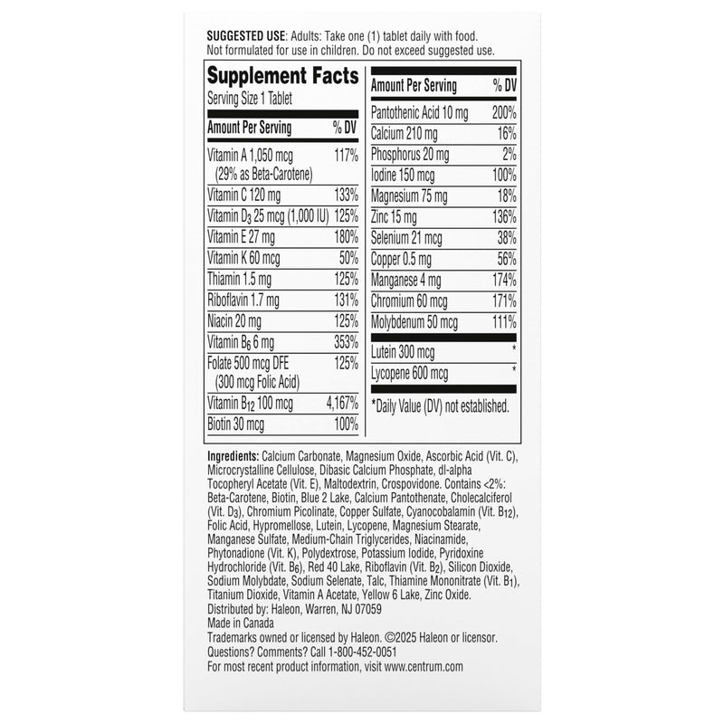 Centrum Silver Men's Multivitamin for Men 50 and Over, 100 Tablets | Contains Vitamins D3, E, B6, and B12, Gluten Free, Non-GMO Ingredients, GLP-1 Support New 100 Count (Pack of 1)