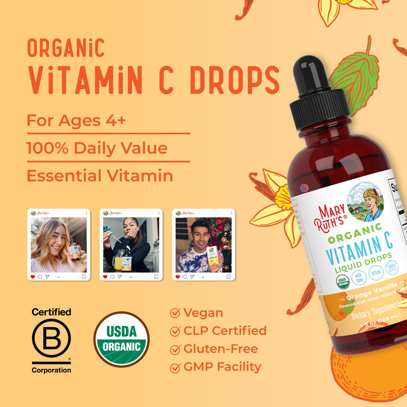MARYRUTH'S Organic Vitamin C Supplement | Liquid Vitamin C Liquid Drops for Adults & Kids | Immune Support Supplement for Overall Health | Vegan | Non-GMO | Gluten Free | 4 Fl Oz