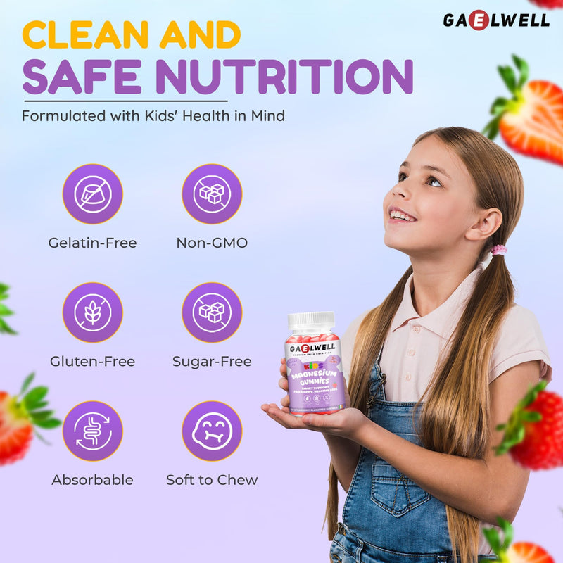 Kids Magnesium Gummies for Calm & Sleep – 2MONTHS–Supply – Sugar-Free Strawberry – Vegan, Gluten-Free, Magnesium Citrate – 60 Gummies –No Melatonin – Irish-Owned, HACCP & GMP Certified– Gaelwell®
