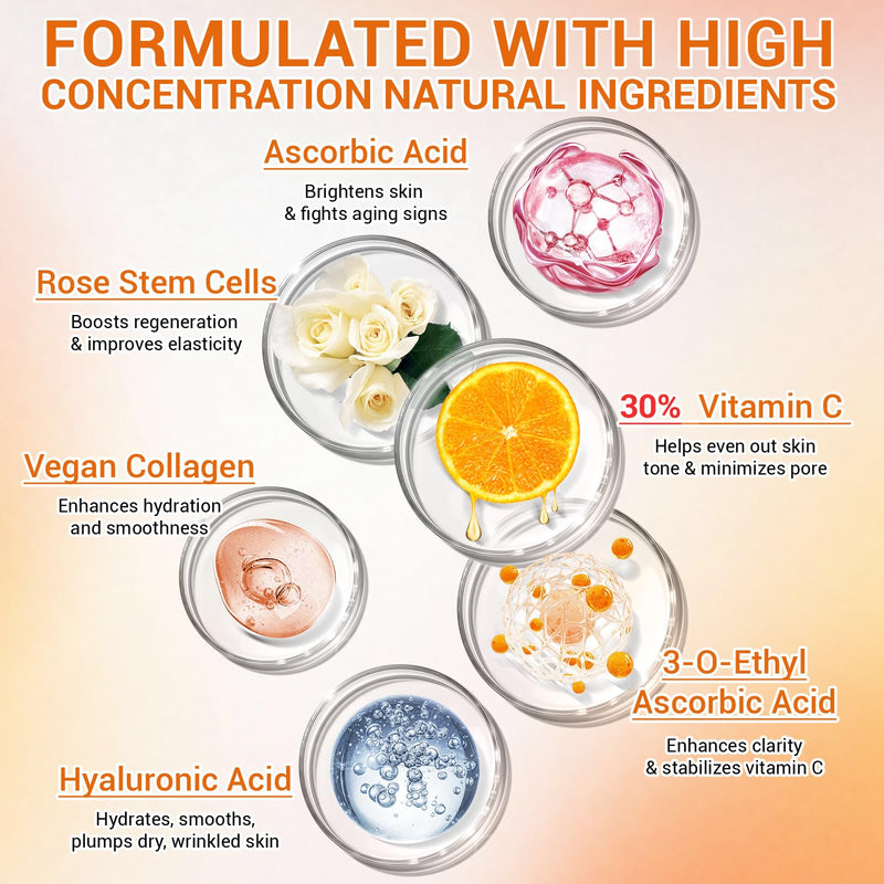 30% Vitamin C Serum with Hyaluronic Acid & Rose Stem Cells – Enhances Anti-Aging Face Serum for Wrinkles, Uneven Skin Tone, Dark Spots, Dull Skin，Korean Microneedling-Like Care 30 Ampoules Vitamin C Collagen Serum 30pcs
