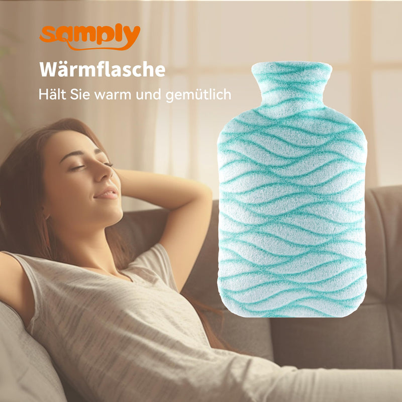 [Australia] - samply Hot Water Bottle with Soft Cover - 2L Bed Bottle for Cozy Nights, Pain Relief, Back, Stomach, Shoulder and Neck - Green 