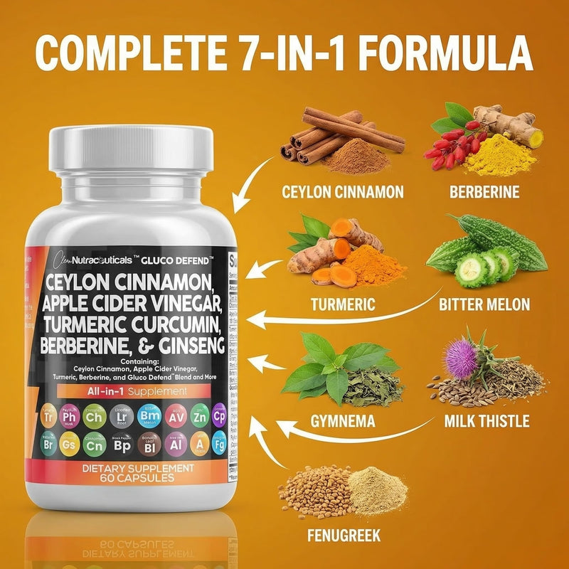 Clean Nutraceuticals Ceylon Cinnamon Capsules + Berberine Turmeric Apple Cider Vinegar Ginseng Bitter Melon (Karela) Gymnema Milk Thistle Fenugreek Supplement Pills Powder for Men & Women 60 Count (Pack of 1)