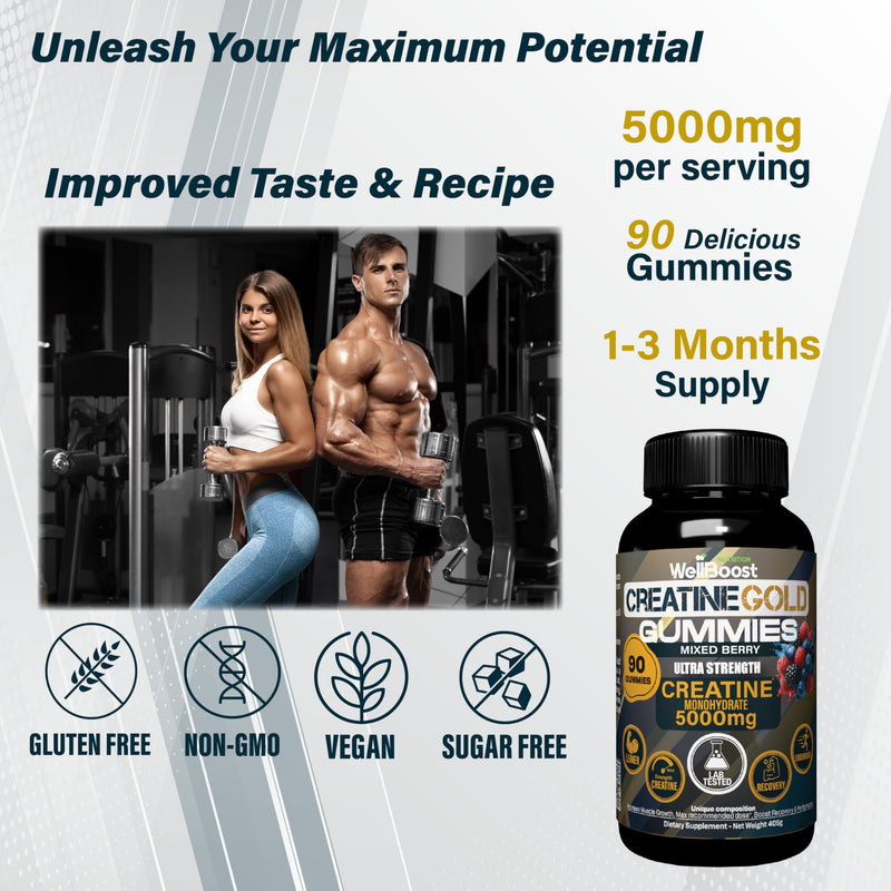 WellBoost Creatine Gold – 5000mg Creatine Monohydrate Gummies, Vegan, Sugar-Free for Lean Muscle Growth, Endurance, Recovery & Energy (90 Gummies, 1 Month Supply) with Mixed Berry Flavour G-Creatine Gold -BlueBerry 90 count (Pack of 1)