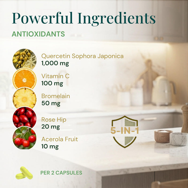 High Strength Quercetin 1000mg Complex, 60 Premium Capsules, Allergy Support, Powerful Antioxidant Supplements, Anti-inflammatory Antioxidant Supplement, Alternative to quercetin Powder, UK Made 60 count (Pack of 1)