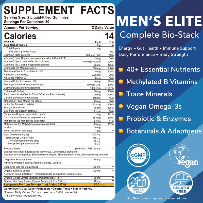 2 Pack - Mens Multivitamins Gummies, Methylated Multivitamin for Men, B Complex, Minerals, Vegan Omega 3, Probiotic, Enzyme, Antioxidants for Men's Complete Daily Support, Sugar Free, Vegan, (No Iron) 60 Count (Pack of 2)