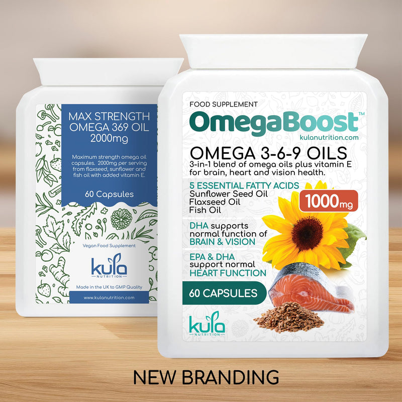 OmegaBoost - Triple Omega 369 Oil Capsules - Maximum Strength 1000mg - Premium High Strength Fish Oil, Cold Pressed Flax Seed and Sunflower Seed Oil Essential Fatty Acids Plus Vitamin E - 60 Softgels