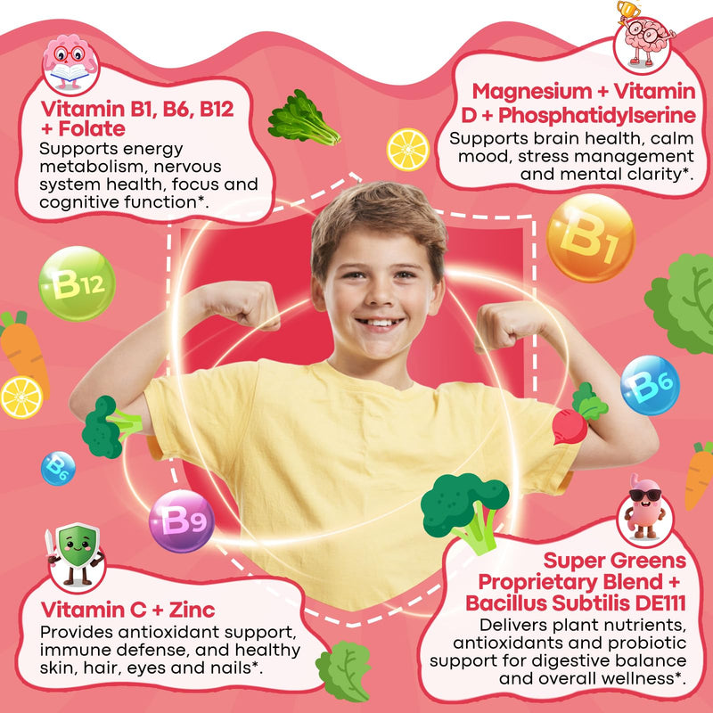 Vitamin B Complex for Kids with B1, B6, B9, B12 & Magnesium, Super Greens, Kids B Complex Supplement for Brain Support, Energy & Focus, Digestive Gut & Immune Support, Strawberry Flavor, 2 fl oz