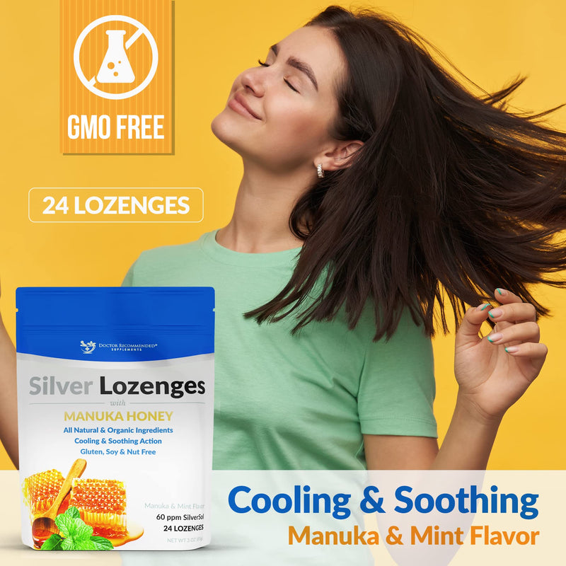 [Australia] - Silver Lozenges with Organic Manuka Honey and Vitamin C - All-Natural Nano Silver 45-50mcg of 60 PPM Colloidal Silver Mineral Drops to Support Immune System, Soothe, Cool Cough & Throat, 24-Lozenges 24 Count (Pack of 1) 