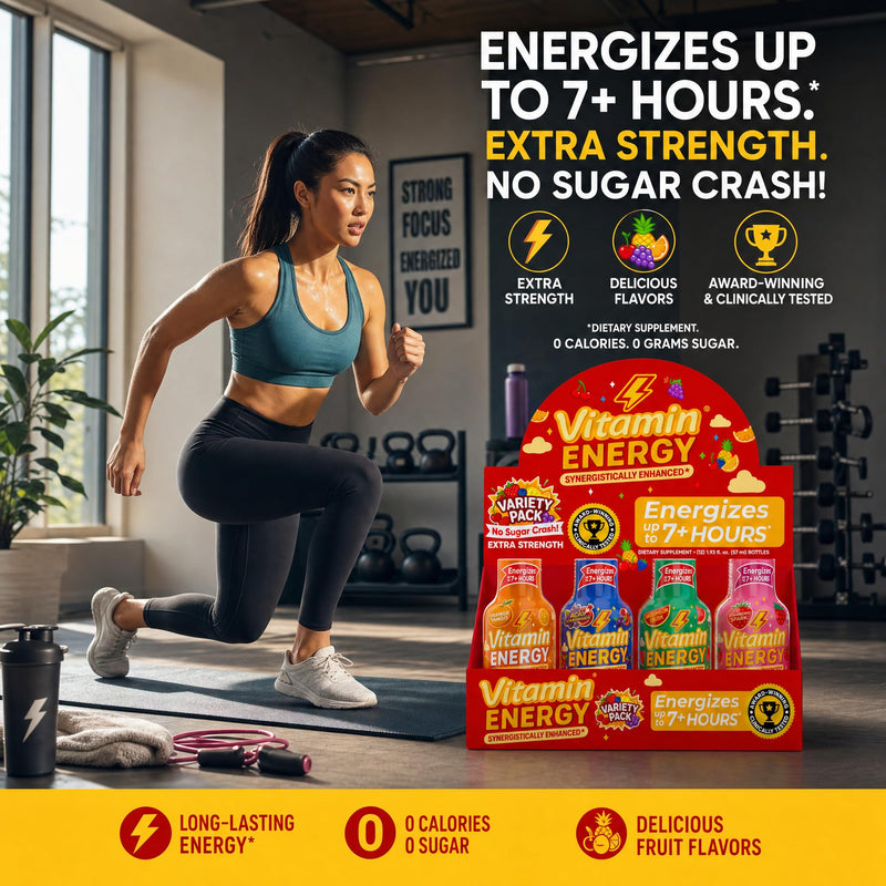 Vitamin Energy Extra Strength Energy Shot Variety Pack 8 Pack, 260mg Natural Caffeine, B-Vitamins, NALT, Rhodiola, Strength Support, Zero Sugar, Vegan, 1.93 fl oz