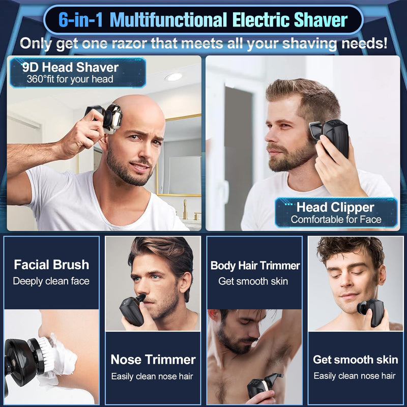 [Australia] - 9D Head Shavers for Bald Men, Electric Razor for Men to Shave Fast with LED Display, Cordless Rechargeable, IPX7 Waterproof Wet/Dry Rotary Shaver Kit with Nose Hair Trimmer Shaver, Gift for Mens Gunmetal 