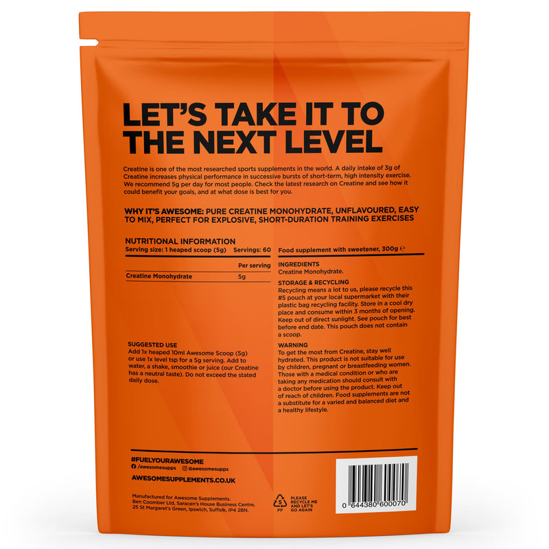 Awesome Creatine Monohydrate Powder – 5g Per Serving – Supports Strength, High-Intensity Performance & Lean Mass with Resistance Training – Unflavoured – 300g (60 Servings)