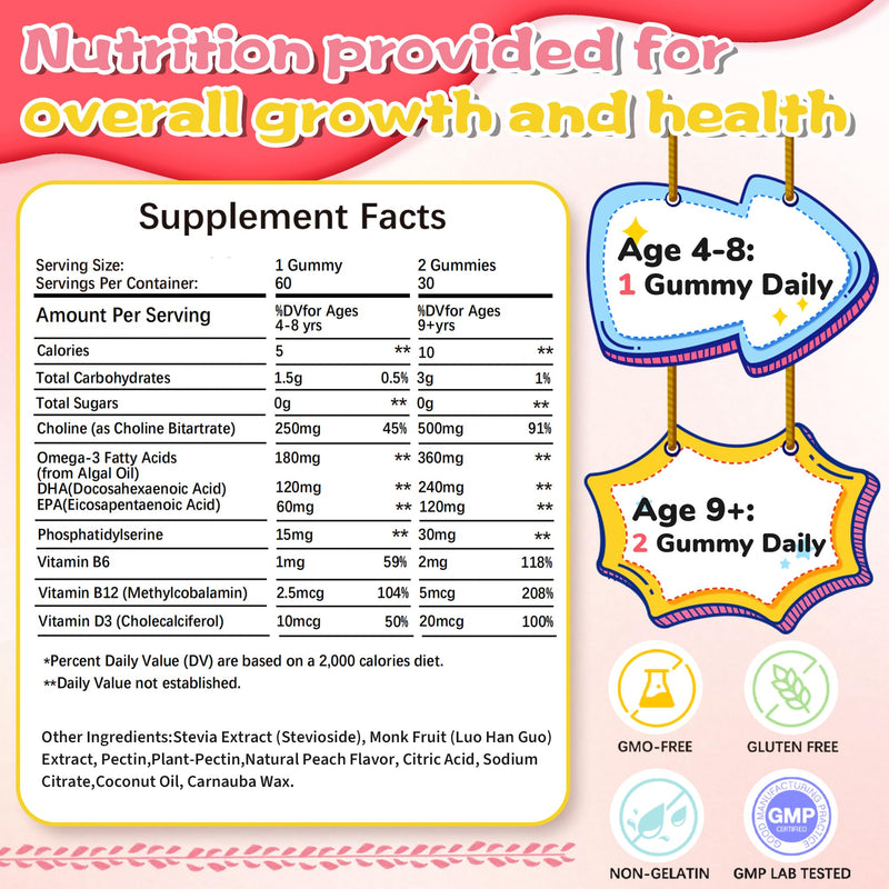 Kids Choline Gummies with Omega 3 (DHA+EPA), Phosphatidylserine for Kids & Teens 4+ with Vitamin D3, B6 & B12 for Brain Health, Focus, Immune Support, Sugar-Free, Vegan, Peach Flavor - 60 Count 60 Count (Pack of 1)