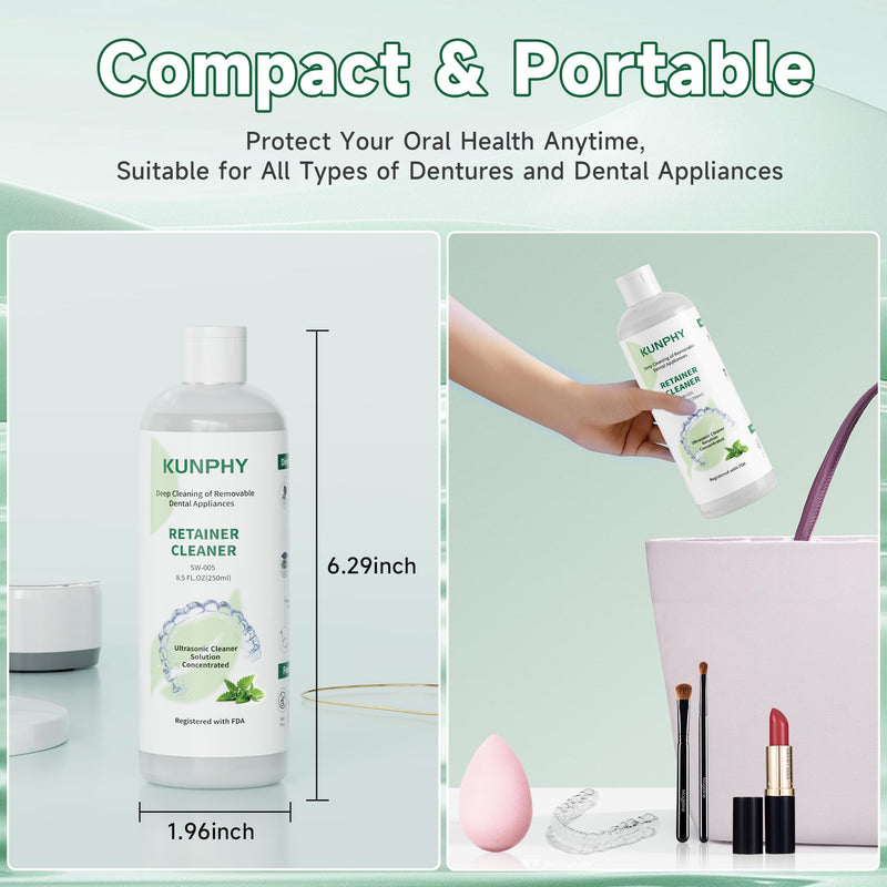 [Australia] - KUNPHY Ultrasonic Retainer Cleaner Solution Concentrate-Professional Cleaning of Retainers, Denture, Invisible Aligners, Mouth Guards, Night Guards, Remove Odors, Discoloration & Stains 8 oz(Mint) 8 Ounce 