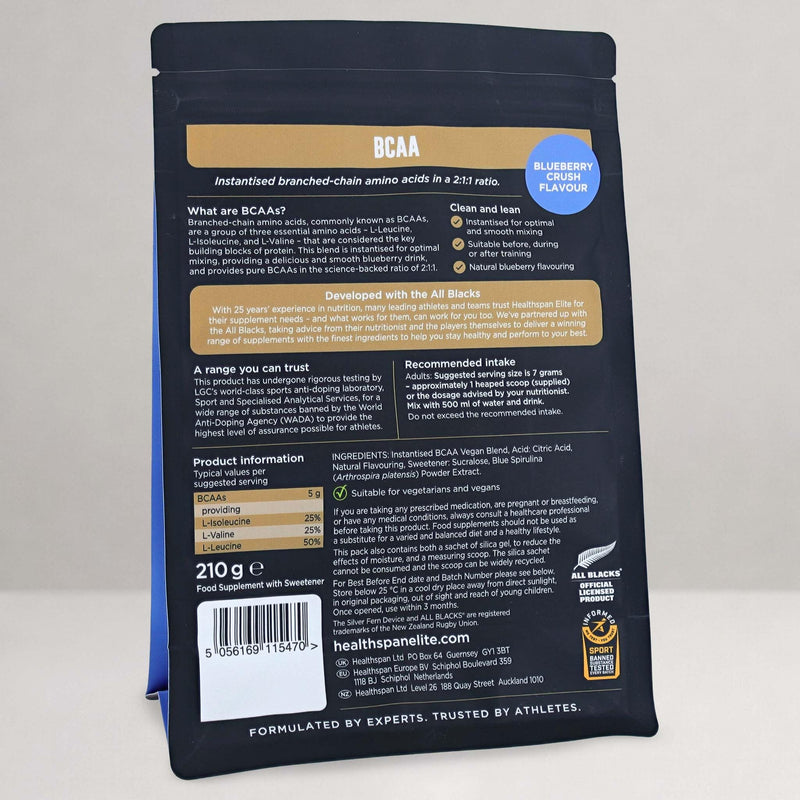 Healthspan All Blacks BCAAs | Blueberry Crush Flavour | 5g BCAAs for Post-Workout Recovery| 2:1:1 Ratio Backed by Science | L-Leucine, L-Isoleucine, and L-Valine
