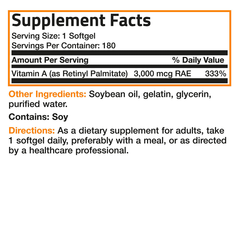 Bronson Vitamin A 10,000 IU Healthy Vision and Immune Support, 180 Softgels | Vitamin A Palmitate, Once-Daily Rapid Release, Skin, Growth & Reproduction Support, Non-GMO Unflavored 180 Count (Pack of 1)