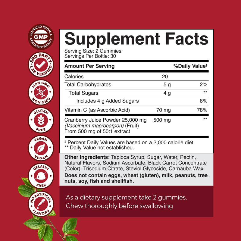 Natural Cranberry Gummies for Women and Men - Extra Strength Delicious Antioxidant Cranberry Chews for Urinary Tract Health - Kidney & Bladder Support with Immune Health - Vegan & Gluten Free - 60 Ct
