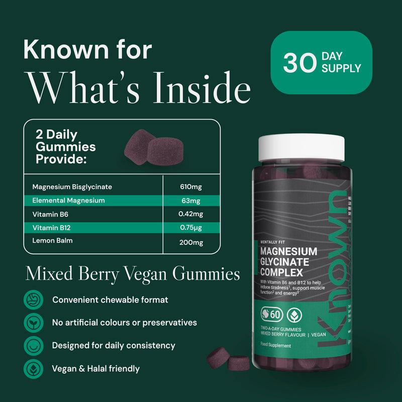 Known 610mg Magnesium Glycinate Complex Gummies – Mixed Berry Flavour – Vitamin B6, B12 & Lemon Balm – Vegan Gummy Supplement – Energy, Fatigue, Muscle Support – 1 Month Supply - For Men, Women & Kids 1 count (Pack of 60)