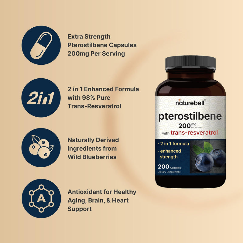 Pterostilbene with 98% Trans-Resveratrol, 200mg Per Serving, 200 Capsules | Naturally Sourced from Wild Blueberries – Antioxidant Supplement for Healthy Aging Support – Non-GMO