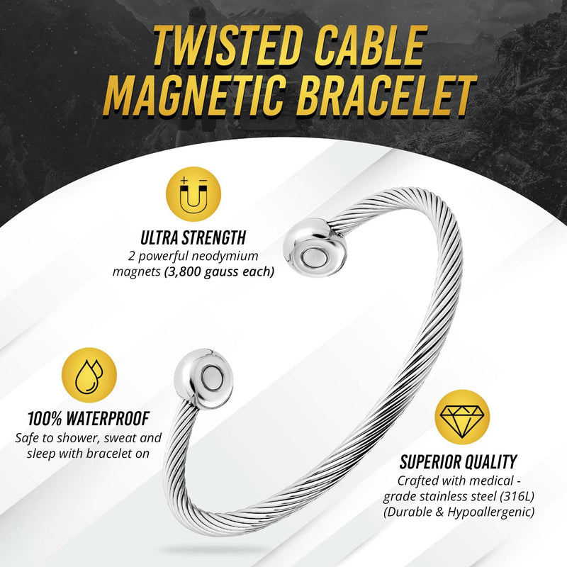 [Australia] - MagnetRX® Magnetic Bracelet Cuff - Twisted Cable Stainless Steel Bangle Magnetic Bracelets - Elegant Golf Bracelet Men & Women (Silver | Medium) Silver Medium (Pack of 1) 
