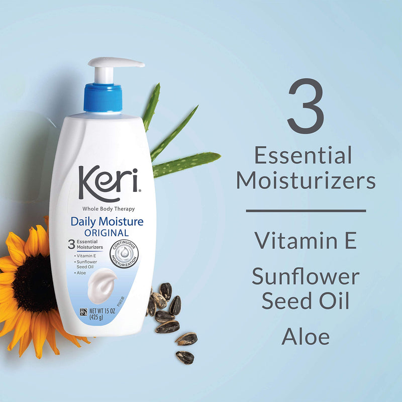 Keri Original Daily Moisture 15 Ounce | Deeply Hydrates Skin, Continuous Moisturization, With Vitamin E, Aloe & Sunflower Seed Oil, Lightly Scented, Daily-Use 15 Ounce (Pack of 1)