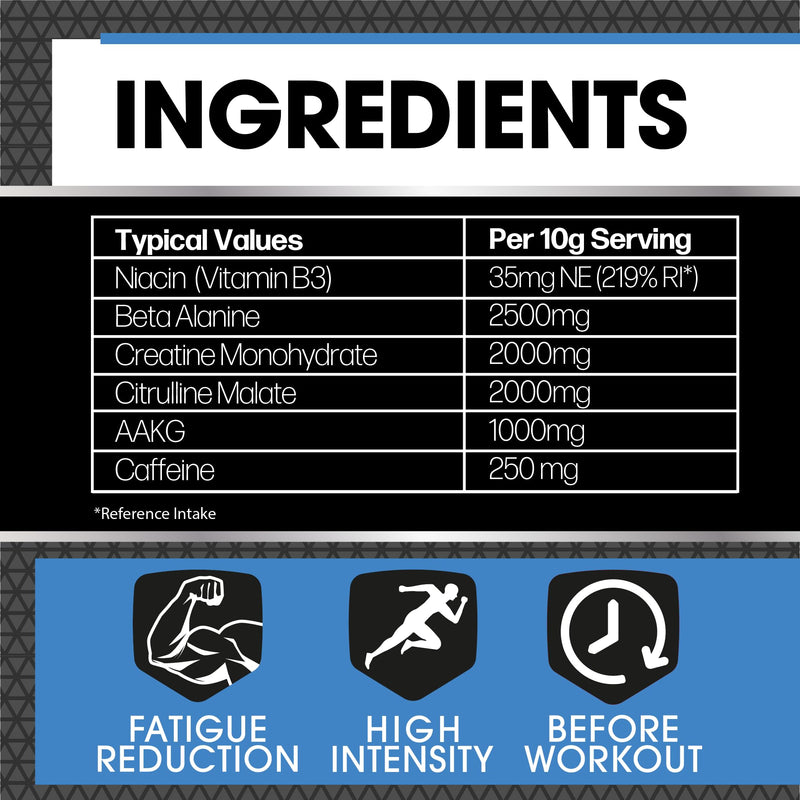 Protein Dynamix - Dynamo Pre Workout - High Intensity Performance - Blue Raspberry - 3000mg Citrulline + AAKG • 2500mg Beta Alanine • 2000mg Creatine • 250mg Caffeine • 200g (Pack of 2) 20 Servings (Pack of 2)
