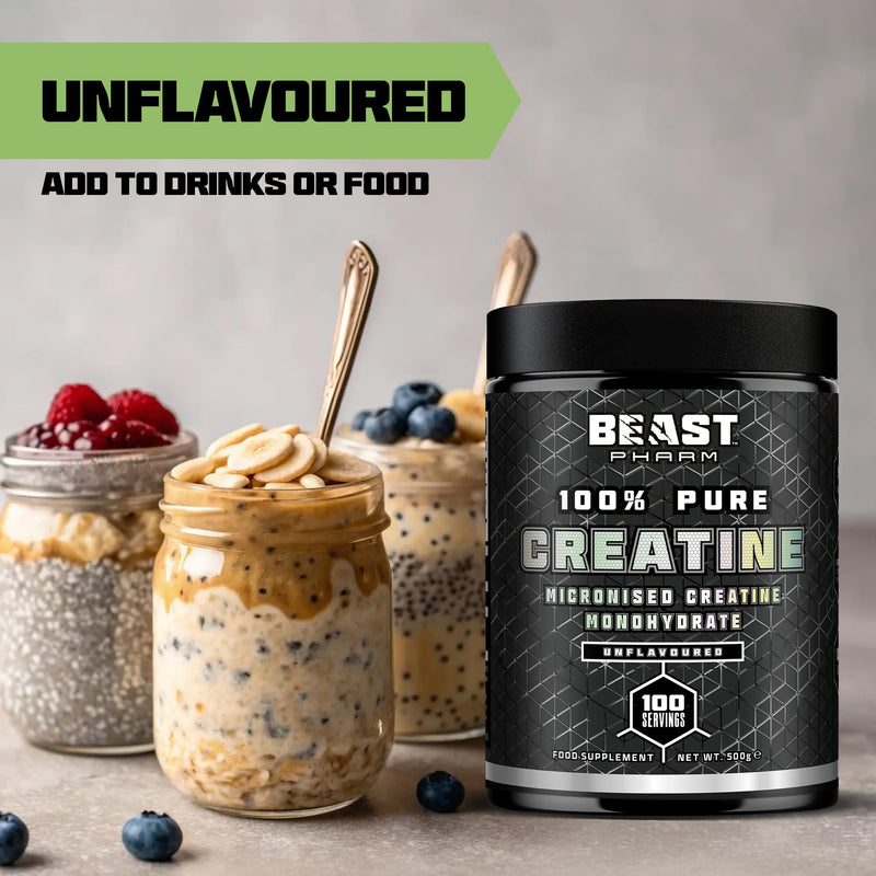Beast Creatine Monohydrate Powder 100 Servings (500g) Easy Dissolve 100% Pure Micronised Creatine Powder for Strength and Muscles - Unflavoured 100 Servings (500g)