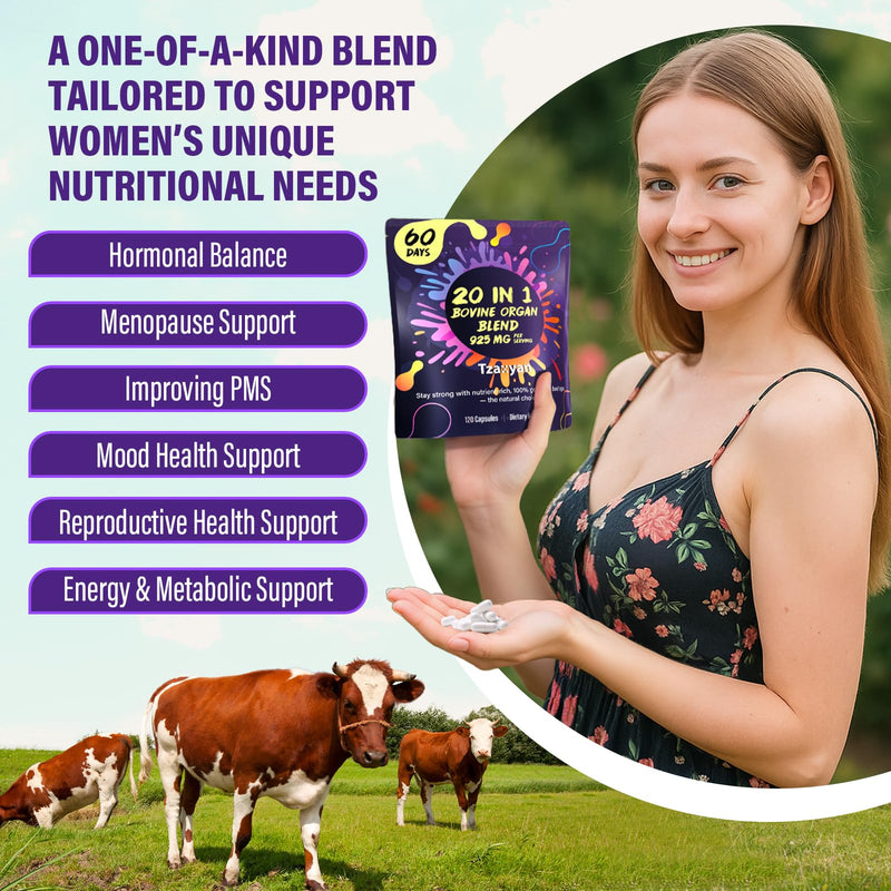 [Australia] - 20-In-1 Beef Organ Supplement for Women, 925MG Grass Fed Beef Liver, Uterus, Ovary & 3 more with Maca, DIM, Black Cohosh, Vitamin & Mineral, Bovine organ Capsules for Hormone Balance, Energy, 60 Days 120 Count (Pack of 1) 