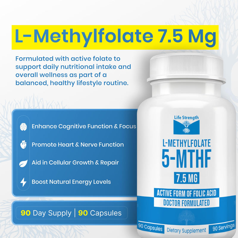 L-Methylfolate 7.5mg | 90 Capsules | Optimized & Highly Bioactive Methyl Folate Supplement | 5-MTHF Supports for Energy, Focus & Mood | Non-GMO, Gluten Free, Vegan | 3 Month Supply 7.5 mg