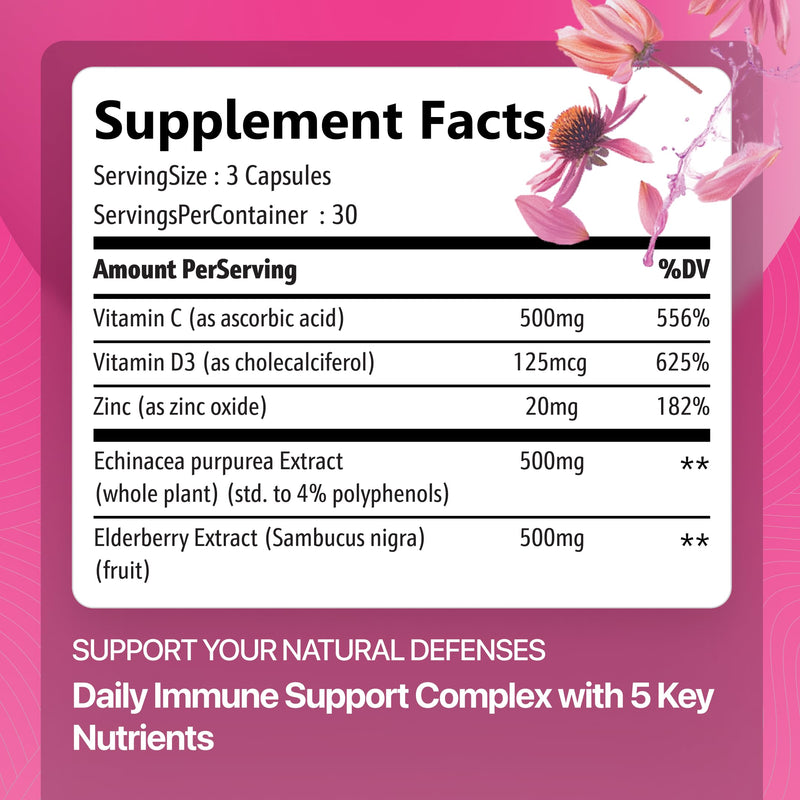 Rosabella Elderberry, Zinc & Vitamin D3 Capsules – Elderberry Supplement with Echinacea, Vitamin C & Zinc, Immune Support Supplement for Daily Wellness, Vegan Capsules – 90 Count (Pack of 1) 90 Count (Pack of 1)