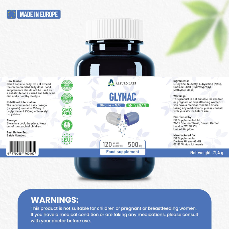 GlyNAC | 500mg | Glycine & N-Acetyl Cysteine (NAC) | 120 Vegan Capsules | 4-Month Supply | GMP & 3rd Party Lab Tested