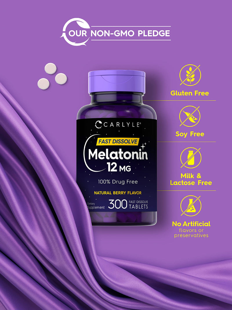 Carlyle Melatonin 12 mg Fast Dissolve 300 tablets | Drug Free | Natural Berry Flavor | Vegetarian, Non-GMO, Gluten Free