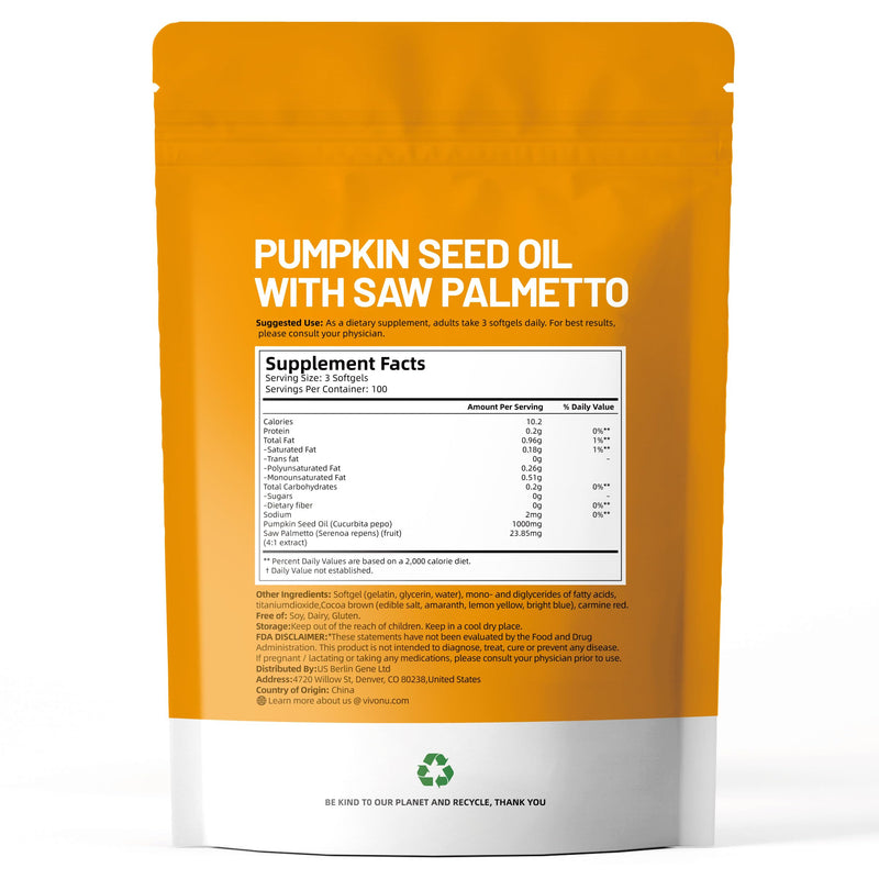 [Australia] - Pumpkin Seed Oil with Saw Palmetto Capsules | Cold Pressed, Pure Virgin Oil, Essential Fatty Acids & Phytosterols | 300 SoftgelsSupports Hair, Urinary, Bladder & Prostate Health, Non-GMO 600p/2bag 