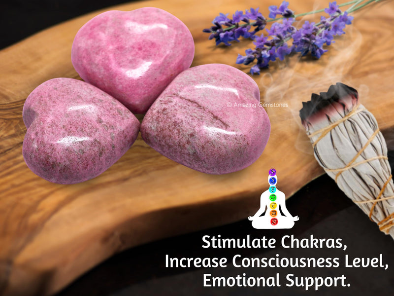 Amazing Gemstone Thulite Crystal Heart Palm Stone - Pocket Massage Worry Stone for Natural Body Chakra Balancing, Reiki Healing and Crystal Grid