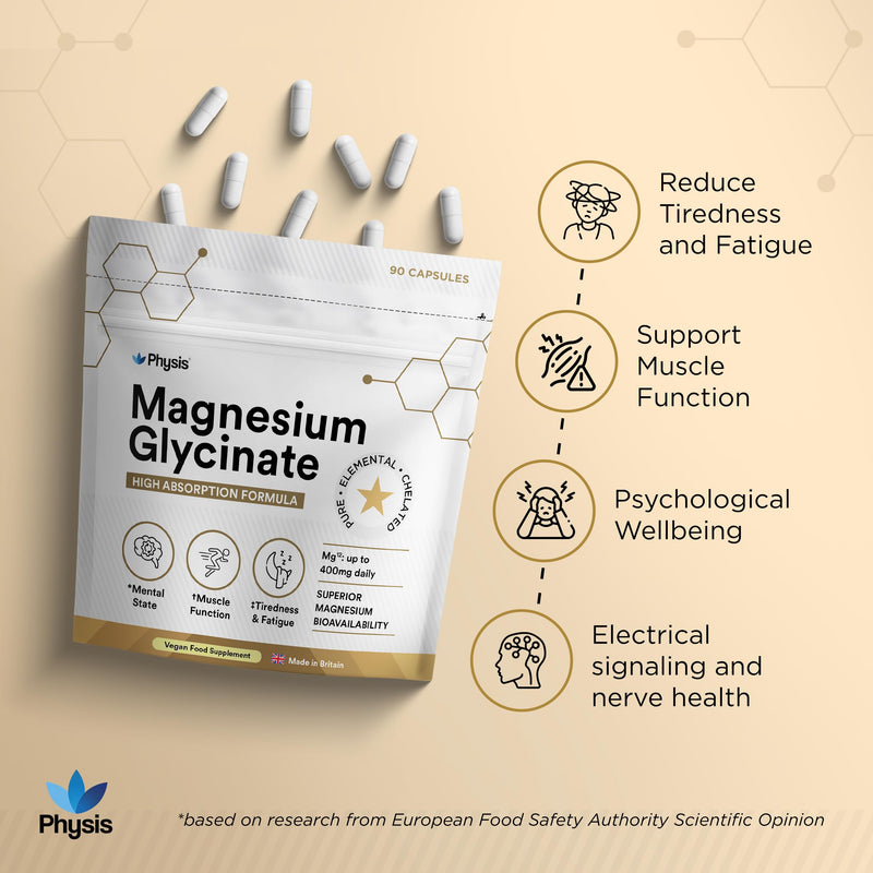 Physis Magnesium Glycinate 400mg | High Strength Elemental for Sleep, Mind & Muscle | Vegan Chelated Magnesium Bisglycinate | Bioavailable | Non-Laxative Natural Mineral | 90 x Magnesium Capsules 90 count (Pack of 1)