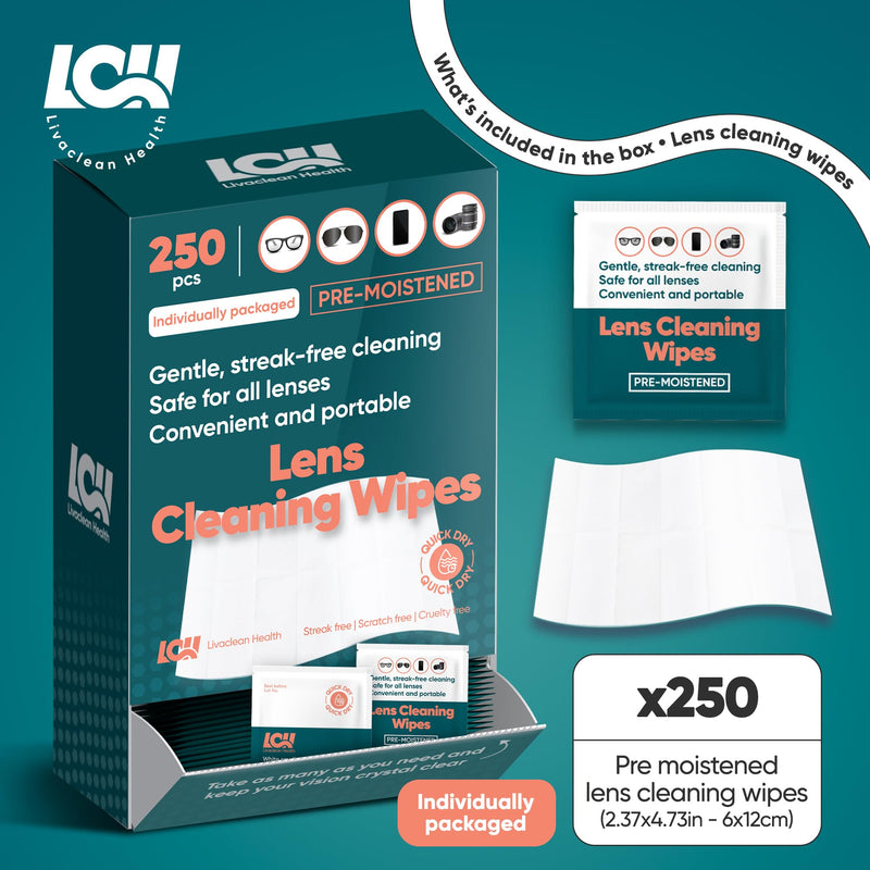 [Australia] - 250 CT Lens Wipes for Eyeglasses - Pre-Moistened, Individually Wrapped Eye Glasses Cleaner Wipes - Streak-Free & Scratch-Free Glasses Wipes for Sunglasses, Camera Lenses & Phone Screen Wipes 