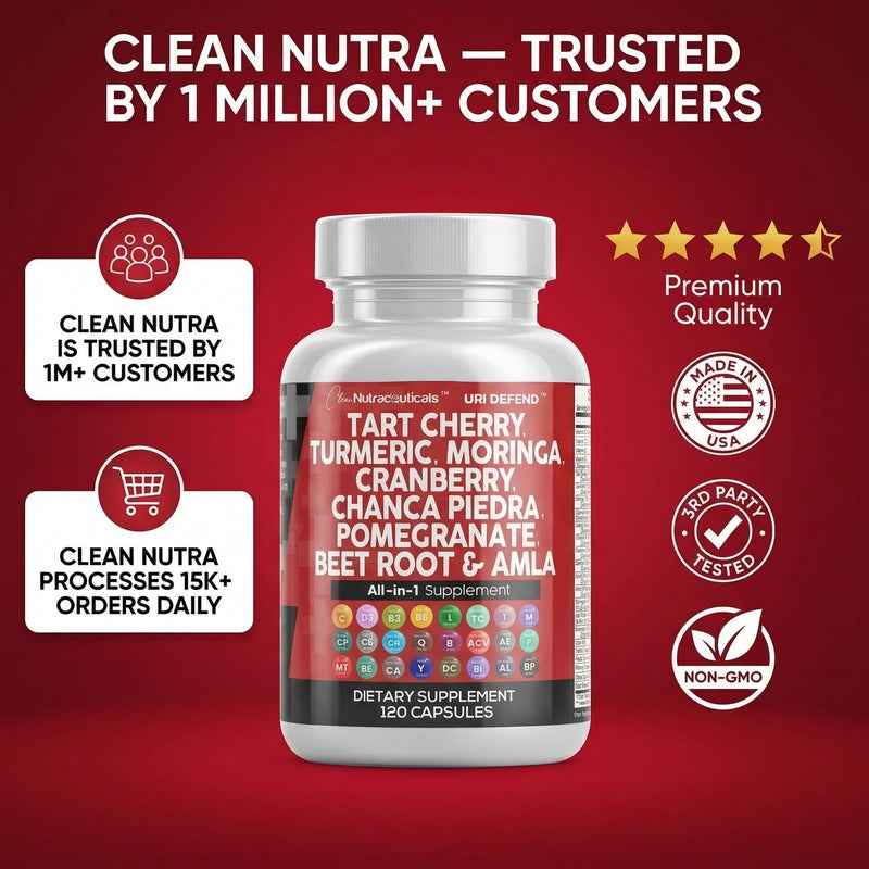 Clean Nutraceuticals Tart Cherry Extract Capsules with Turmeric Moringa Cranberry Chanca Piedra Celery Quercetin ACV Pomegranate L Selenomethionine - Uric Levels - 120 Ct 1