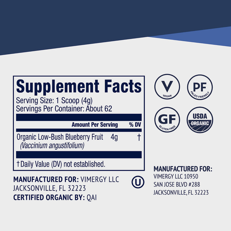 [Australia] - Vimergy USDA Organic Wild Blueberry Supplement Powder, 62 Servings – Natural Wild Blueberries - Fruit Powder for Smoothies, Juices, Fruit Bowls – Low-Bush, Non-GMO, Gluten-Free, Vegan, Paleo (250g) 8.8 Ounce (Pack of 1) 