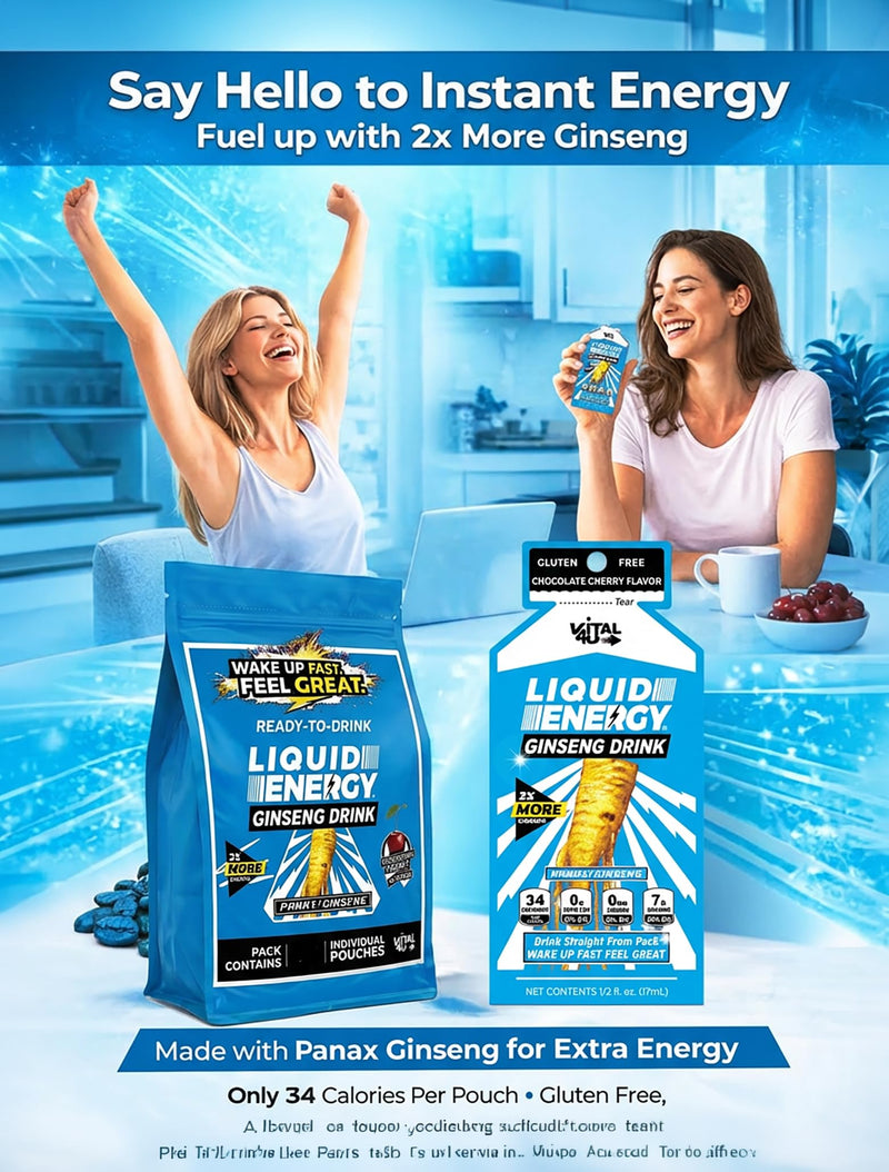 VITAL 4U® Liquid Energy - Ginseng Energy Shot with Panax Ginseng Extract, B Vitamins, Natural Sugar and Flavor, Chocolate Cherry Flavor, 24 Count