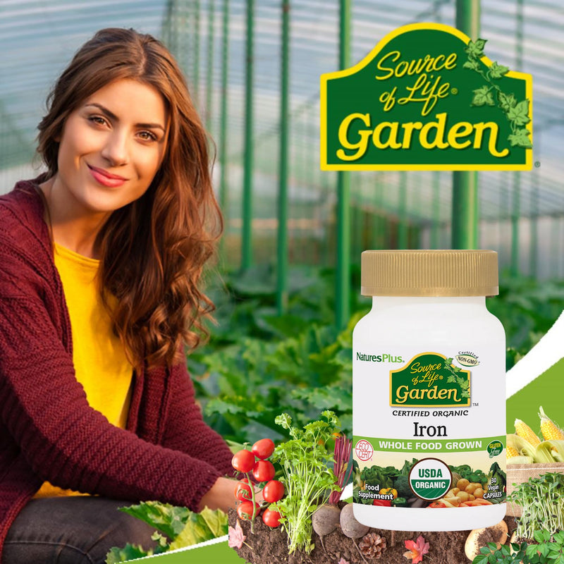 NaturesPlus Source of Life Garden Iron - 18 mg Organic Plant Based Gentle Iron Supplement, Highly Bioavailable - Vegan, Gluten Free, One A Day - 30 Capsules