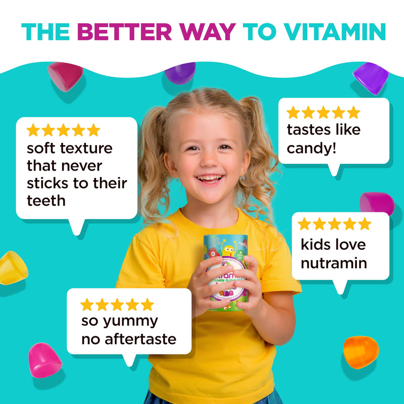 NUTRAMIN Sugar-Free Gummy Multivitamins for Kids, Allergen-Free, 60 Count | 100% Vegan, Gelatin Free, Dairy-Free, Non-GMO, Great Tasting Natural Gummies Your Kids Will Love - Strawberry, Orange, Cherry Multivitamin 60 Count (Pack of 1)