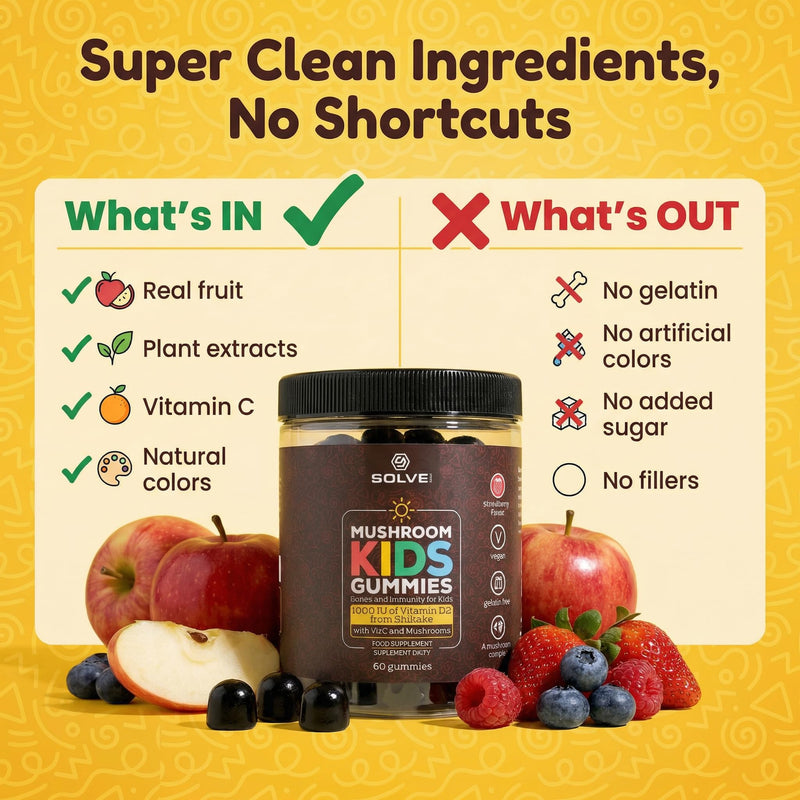 Mushroom Kids Gummies with Vitamin D2 & C | Sugar-Free, Vegan Daily Nutrition for Bones, Immunity & Focus | Lion’s Mane, Reishi, Chaga & Shiitake | Ages 3+ | 60 Gummies | Solve Labs