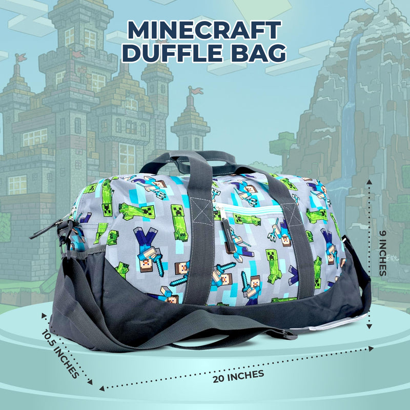 Minecraft Duffle Bag, 16 inch Travel Sleepover Weekender Bag for Girls & Boys, Green/Gray Grey