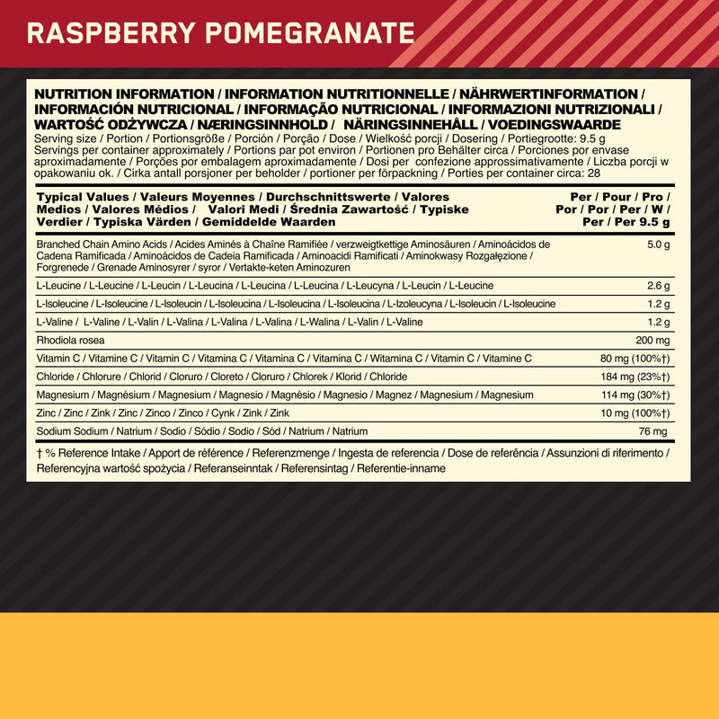 Optimum Nutrition Gold Standard BCAA Train + Sustain, Amino Acids Pre Workout Powder, Sports Drink with Vitamin C, Zinc, Magnesium and Electrolytes, Raspberry & Pomegranate Flavour, 28 Servings, 266 g