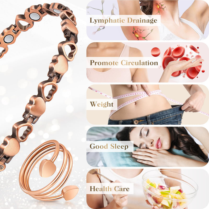[Australia] - Magnetic Copper Bracelets for Women Lymph Detox Magnetic Bracelets, 100% Solid Pure Copper Bracelet with 3500 Gauss Magnets & Lymphatic Drainage Ring with Adjustment Tool Love Heart 