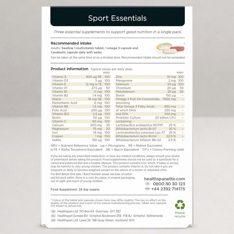 Healthspan Elite Sport Essentials Multivitamin | 28 Day Supply | All Blacks Official Partner | 3 Essential Supplements | A-Z Multivitamin | Probiotic | Omega 3 | Informed Sport Accredited