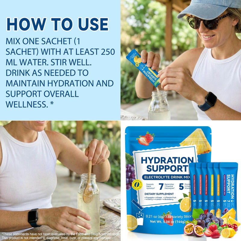 Electrolyte Powder Sachets, 24 PCS Electrolyte Powder Drink Mix with 7 Essential Electrolytes with Vitamins C & B Complex Hydration Support & Energy Metabolism, Sugar Free Assorted Fruit Flavors