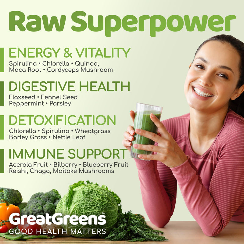GreatGreens - Organic Greens Powder - Large 300g Blend 40 Raw Superfoods - Greens, Vegetables, Super Fruits, Berries, Sprouts and Mushrooms - High Fibre Vegan Daily Juice Smoothie Drink - 30 Servings