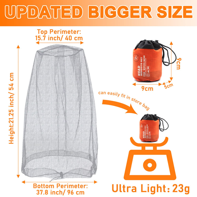 [Australia] - Benvo Mosquito Head Net Mesh, Face Neck Fly Netting Hood from Bugs Gnats Noseeums Screen Net for Any Outdoor Lover- with Carry Bags Fits Most Sizes of Hats Caps (2pcs, Grey, Updated Big Net) Gray 