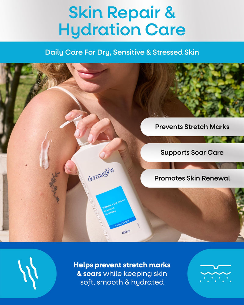 Dermaglós Moisturizing Body Lotion for Dry Skin with Extra, 13.52 Fl Oz | Vitamin E & Allantoin, Regenerating Lightweight Moisturizer for Stretch Marks, Tattoos Aftercare, Scars & Wrinkles 13.52 Ounce (Pack of 1)